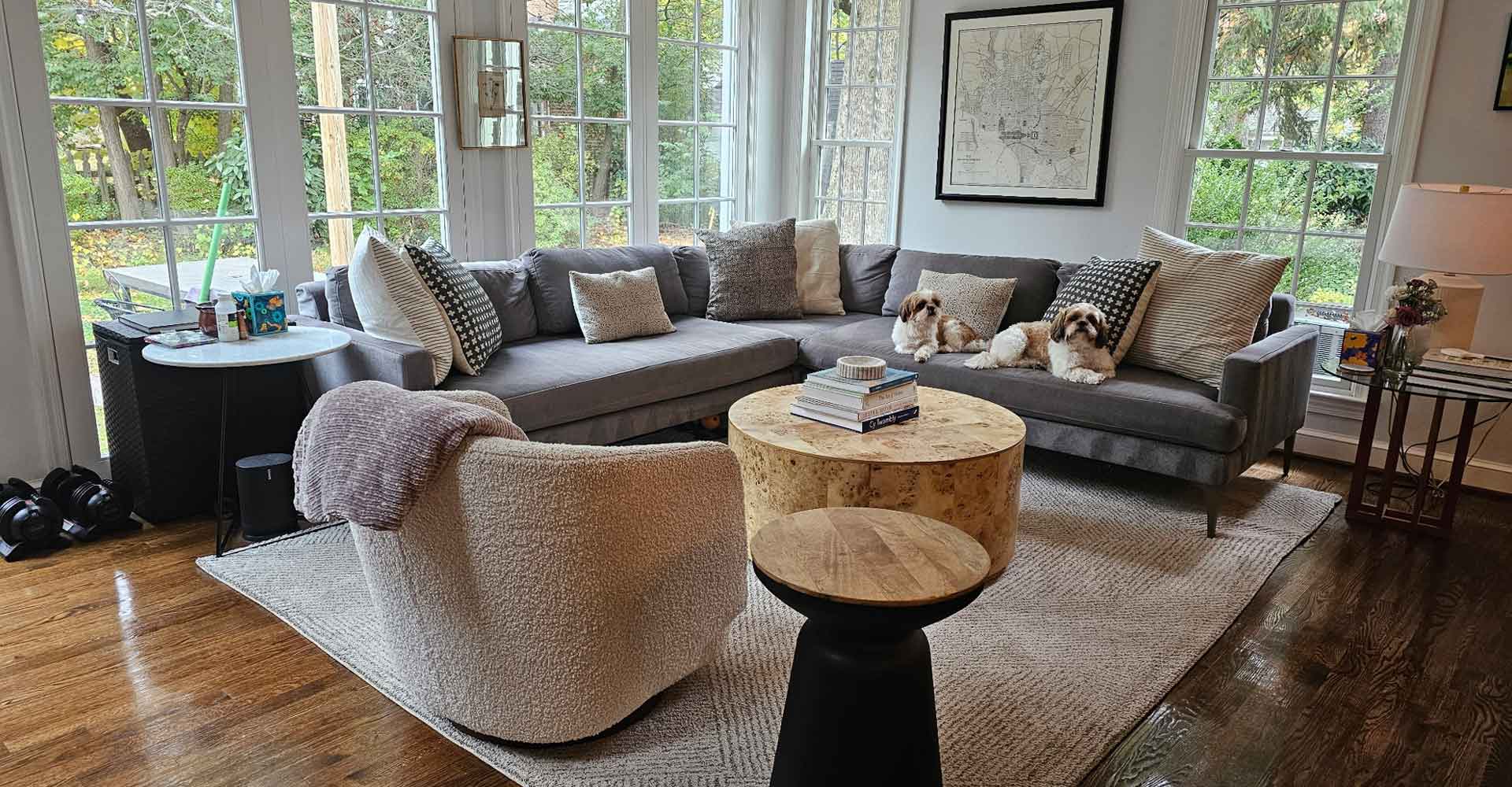 Cleaner vacuuming upholstered living room furniture during a house cleaning visit